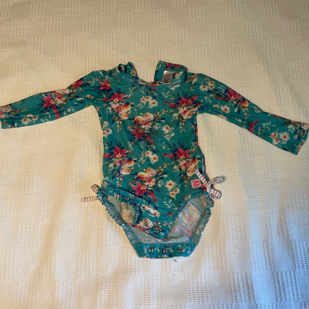 Ruffle Butts Floral Long-Sleeve Teal Baby Swimsuit with snaps 18-24 months